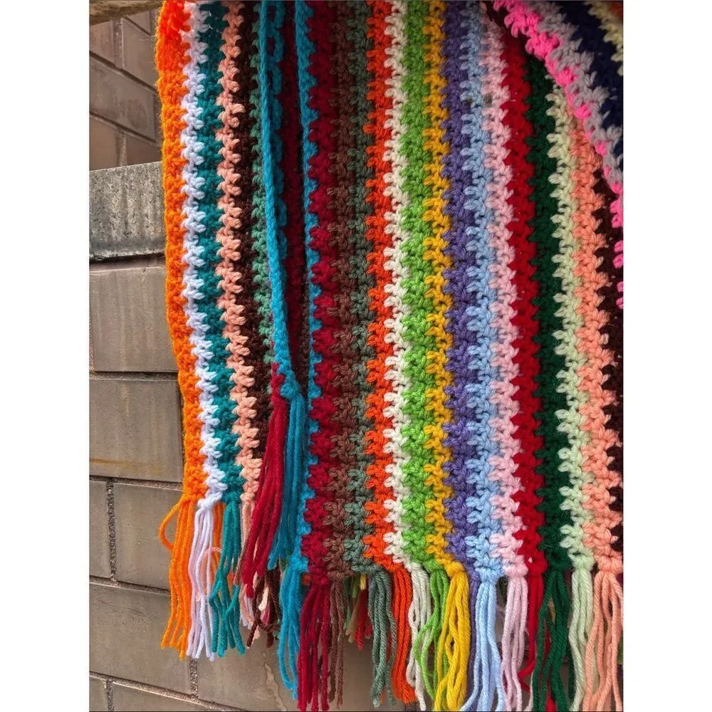 Vintage Handmade Afghan Multicolor Crochet Blanket with Fringe 62in x 37in